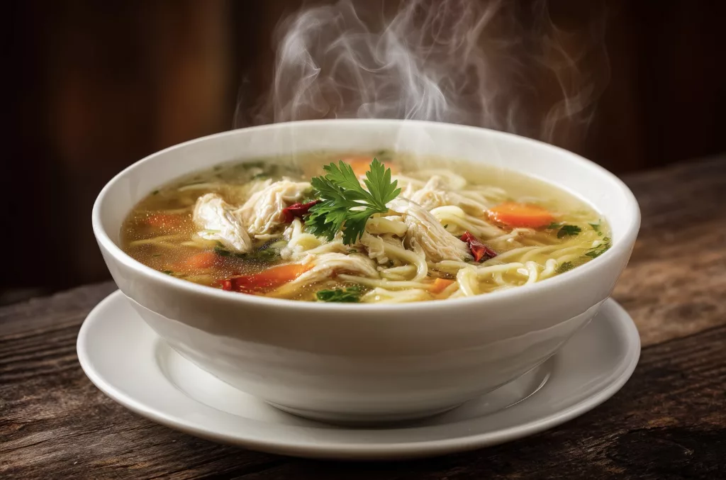 Bol de bouillon maison fumant aux légumes et nouilles, base de cuisine umami hivernale.